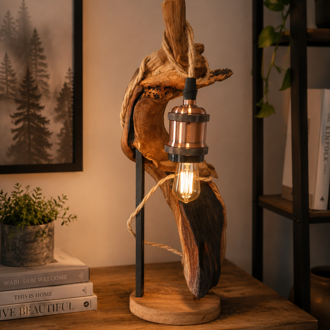 Lampada da Tavolo in Faggio con Corda