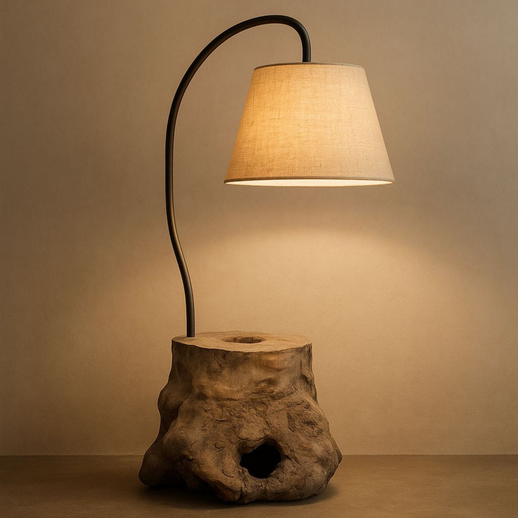 Nature — lampada artigianale con base in radica naturale e paralume in lino