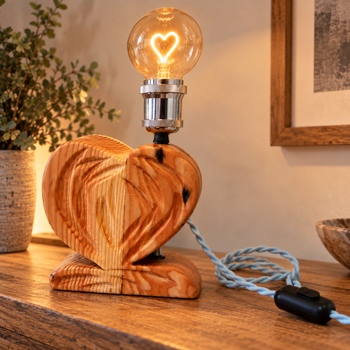CUORE – Lampada artigianale bicolore in Larice e Abete con intagli decorativi