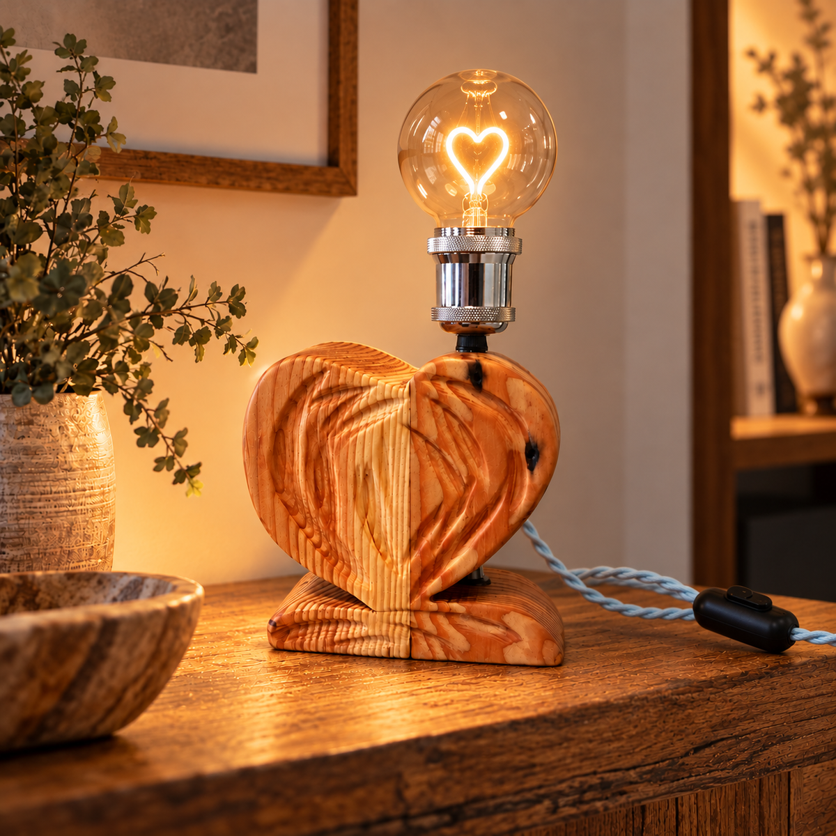 CUORE – Lampada artigianale bicolore in Larice e Abete con intagli decorativi