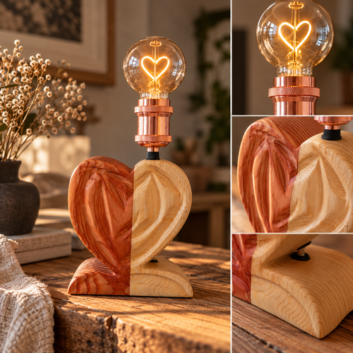 CUORE – Lampada artigianale bicolore in Larice e Abete con intagli decorativi