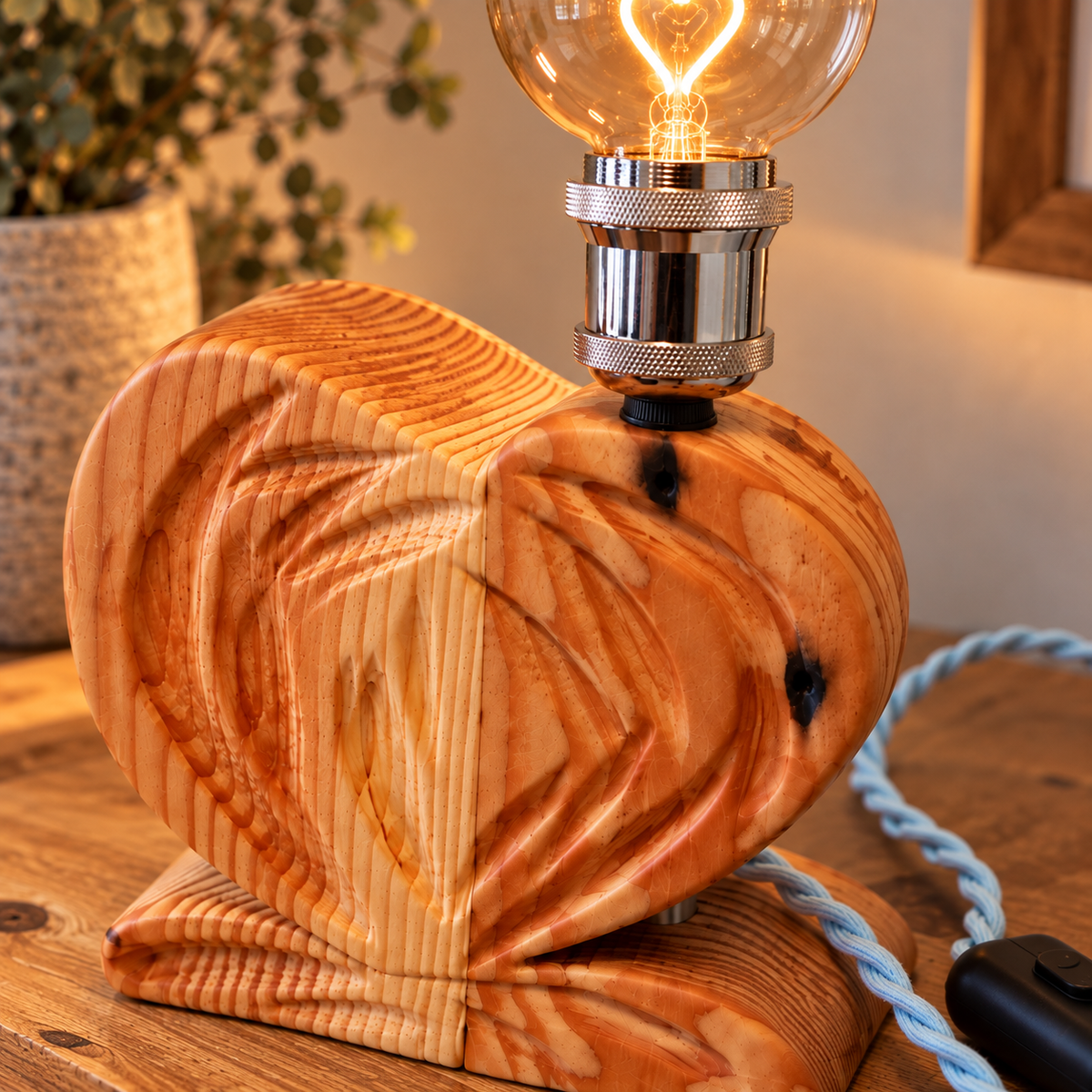 CUORE – Lampada artigianale bicolore in Larice e Abete con intagli decorativi