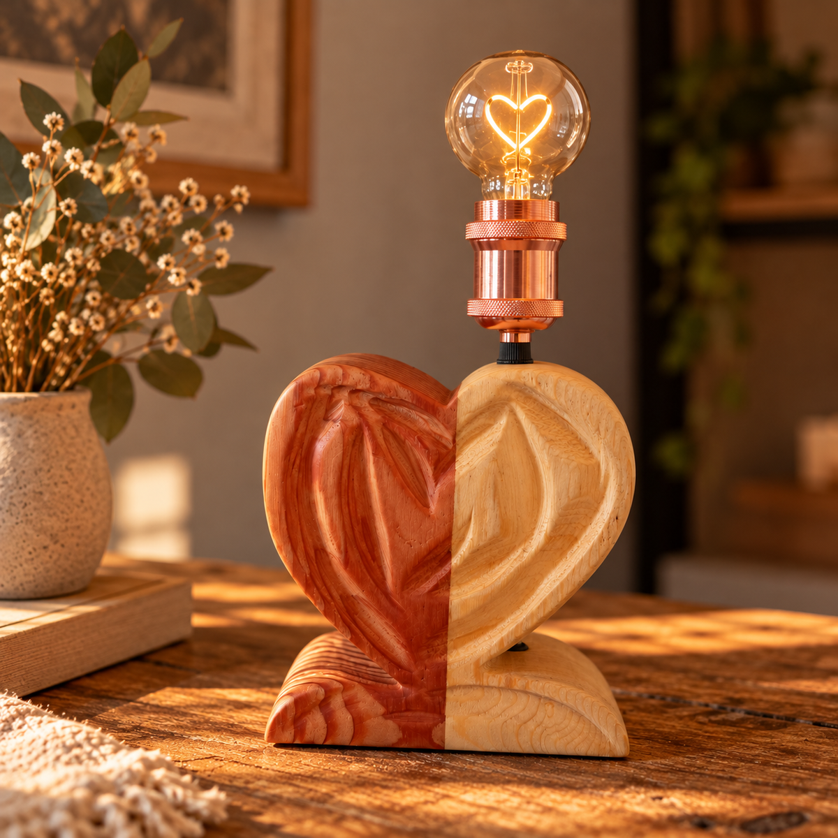CUORE – Lampada artigianale bicolore in Larice e Abete con intagli decorativi