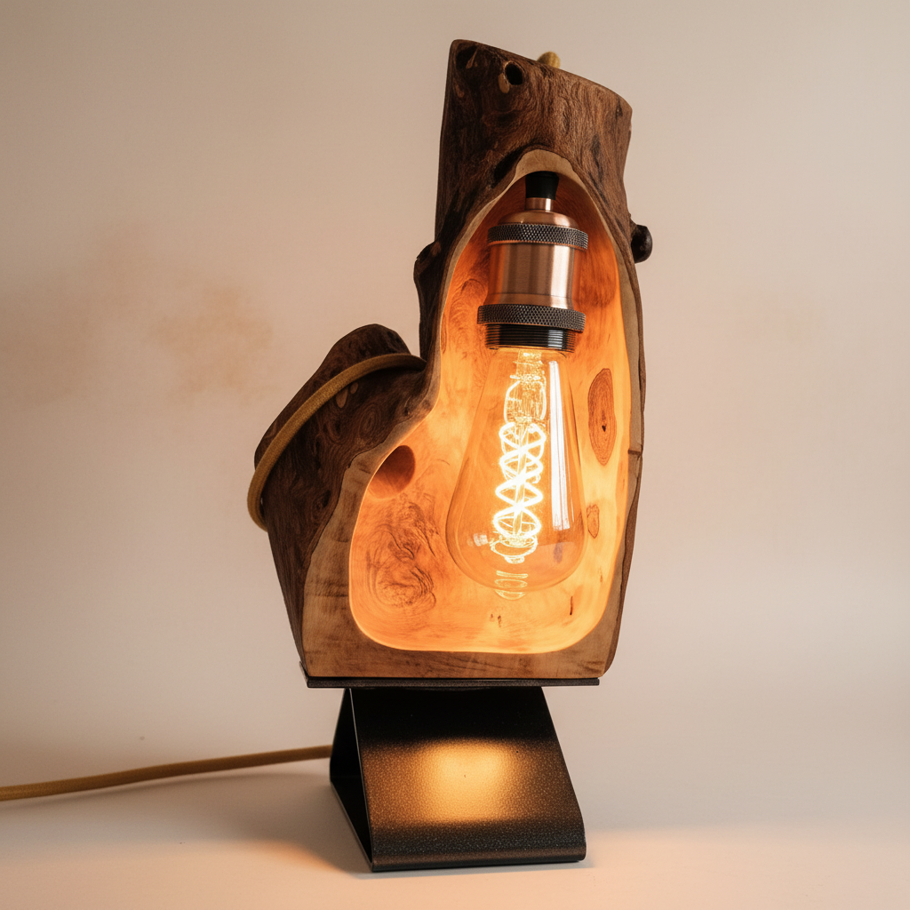 Lampada artigianale in legno di pero con lampadina Edison, base in ferro nero